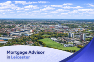Bright summer aerial view of Leicester showing a mix of residential areas, green spaces, and city landmarks under a clear blue sky with realistic clouds, featuring a clean curved banner at the bottom with the text “Mortgage Advisor in Leicester.”