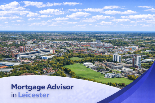 Bright summer aerial view of Leicester showing a mix of residential areas, green spaces, and city landmarks under a clear blue sky with realistic clouds, featuring a clean curved banner at the bottom with the text “Mortgage Advisor in Leicester.”