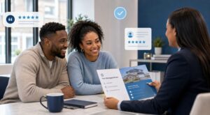 Mortgage Broker Reviews UK showing a couple meeting an adviser, with five-star review icons and mortgage documents.