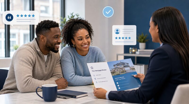 Mortgage Broker Reviews UK showing a couple meeting an adviser, with five-star review icons and mortgage documents.