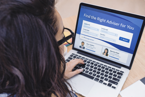 Woman using a laptop to search for a mortgage broker, with a screen showing a search interface and the message “Find the Right Adviser for You” in blue branded styling. Mortgage Broker Reviews UK