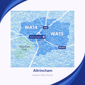 A square, blue-themed postcode map of Altrincham in Greater Manchester, styled with curved branded borders. The map highlights postcode areas WA14 and WA15. Major roads such as the A56 and B5165 are labelled. Altrincham town centre and station are marked near the middle, with Stamford Park shown in green to the southwest. The design uses layered blue tones with white text and clean boundary lines for clarity.