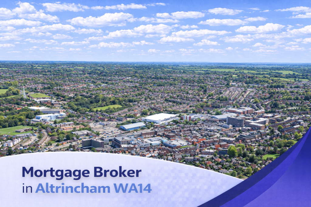 A bright, summer aerial view of Altrincham (WA14) showing a dense mix of residential streets, town centre buildings, and surrounding greenery under clear blue skies with realistic, scattered clouds. The image is styled as a clean promotional banner with a soft white and blue curved overlay at the bottom displaying the text “Mortgage Broker in Altrincham WA14” in bold blue lettering, with all watermarks removed for a polished, copyright-free appearance.