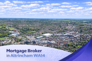 A bright, summer aerial view of Altrincham (WA14) showing a dense mix of residential streets, town centre buildings, and surrounding greenery under clear blue skies with realistic, scattered clouds. The image is styled as a clean promotional banner with a soft white and blue curved overlay at the bottom displaying the text “Mortgage Broker in Altrincham WA14” in bold blue lettering, with all watermarks removed for a polished, copyright-free appearance.