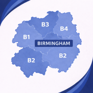 map in blue tones showing Birmingham with postcode districts B1, B2, B3 and B4. Each postcode area is separated by white internal boundaries and outlined with a darker blue outer edge, labelled in white text. The word “Birmingham” appears prominently across the centre of the map. The background features curved layered blue branding elements in the corners, with no surrounding towns or additional geographic detail shown. Mortgage Broker in Birmingham B1
