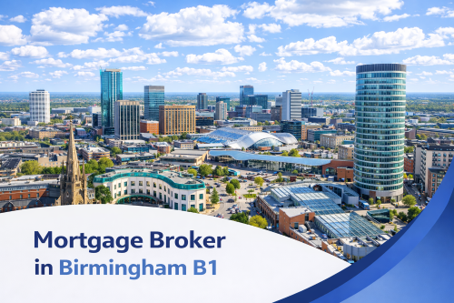 Mortgage broker in Birmingham B1 promotional banner featuring a bright summer aerial view of the city centre with modern skyscrapers, urban buildings, and realistic clouds in a blue sky, with a curved blue and white graphic overlay at the bottom.