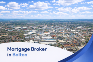 Mortgage broker in Bolton promotional banner featuring a bright summer aerial view of the town with residential neighbourhoods, industrial buildings, surrounding countryside, and realistic clouds in a blue sky, with a curved blue and white graphic overlay at the bottom.