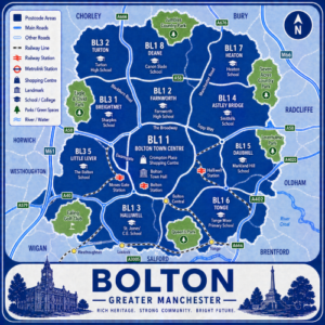 A square, blue-themed postcode map of Bolton in Greater Manchester, styled with curved branded borders. The map highlights postcode areas BL1, BL2, BL3, BL4, BL5, BL6, BL7, and BL8. Major roads such as the M61, A666, A58, A676, and A579 are labelled. Bolton town centre (BL1) is marked near the middle, with Bolton Station, Halliwell Station, and Moses Gate Station indicated. Key landmarks such as Crompton Place Shopping Centre, Bolton Town Hall, and local schools are shown. Nearby areas including Farnworth, Horwich, Westhoughton, Radcliffe, Bury, and Chorley are labelled. Green spaces such as Queens Park, Leverhulme Park, Jumbles Country Park, and Seven Acres Country Park are shown in green, with the River Croal running through the town. The design uses layered blue tones with white text and clean boundary lines for clarity.
