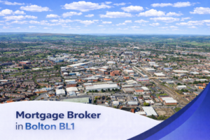 Bright aerial view of Bolton BL1 on a clear summer’s day, showing a mix of residential streets, industrial buildings, and surrounding green hills under a blue sky with realistic scattered clouds, with a clean curved banner at the bottom displaying the text “Mortgage Broker in Bolton BL1”.
