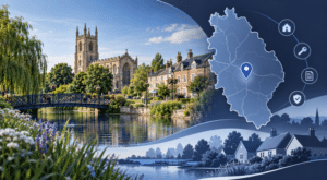 Mortgage Broker in Bourne hero image featuring a Lincolnshire location map, Bourne-inspired town architecture, waterways and residential homes.