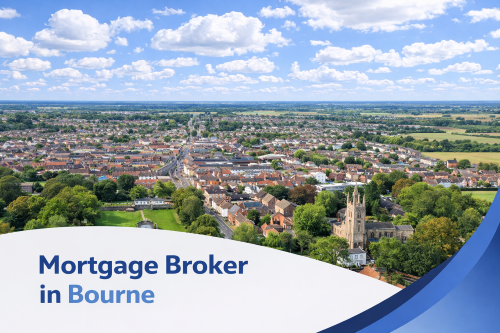 Mortgage broker in Bourne promotional banner featuring a bright summer aerial view of the town with residential streets, countryside surroundings, and realistic clouds in a blue sky, with a curved blue and white graphic overlay at the bottom.