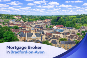 Mortgage broker in Bradford-on-Avon promotional banner featuring a bright summer aerial view of a historic town with stone buildings and lush greenery under a clear blue sky with realistic scattered clouds, complemented by a clean curved blue and white graphic overlay and bold title text.