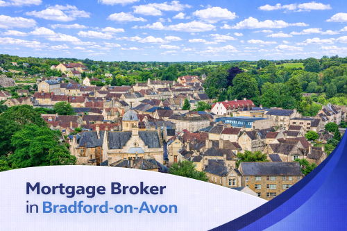 Mortgage broker in Bradford-on-Avon promotional banner featuring a bright summer aerial view of a historic town with stone buildings and lush greenery under a clear blue sky with realistic scattered clouds, complemented by a clean curved blue and white graphic overlay and bold title text.