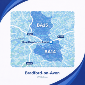 A square, blue-themed postcode map of Bradford-on-Avon in Wiltshire, styled with curved branded borders. The map highlights postcode areas BA15 and BA14. Major roads such as the A363 and B3109 are labelled. The River Avon runs through the town, with Bradford-on-Avon town centre and station marked near the middle. The design uses layered blue tones with white text and clean boundary lines for clarity.