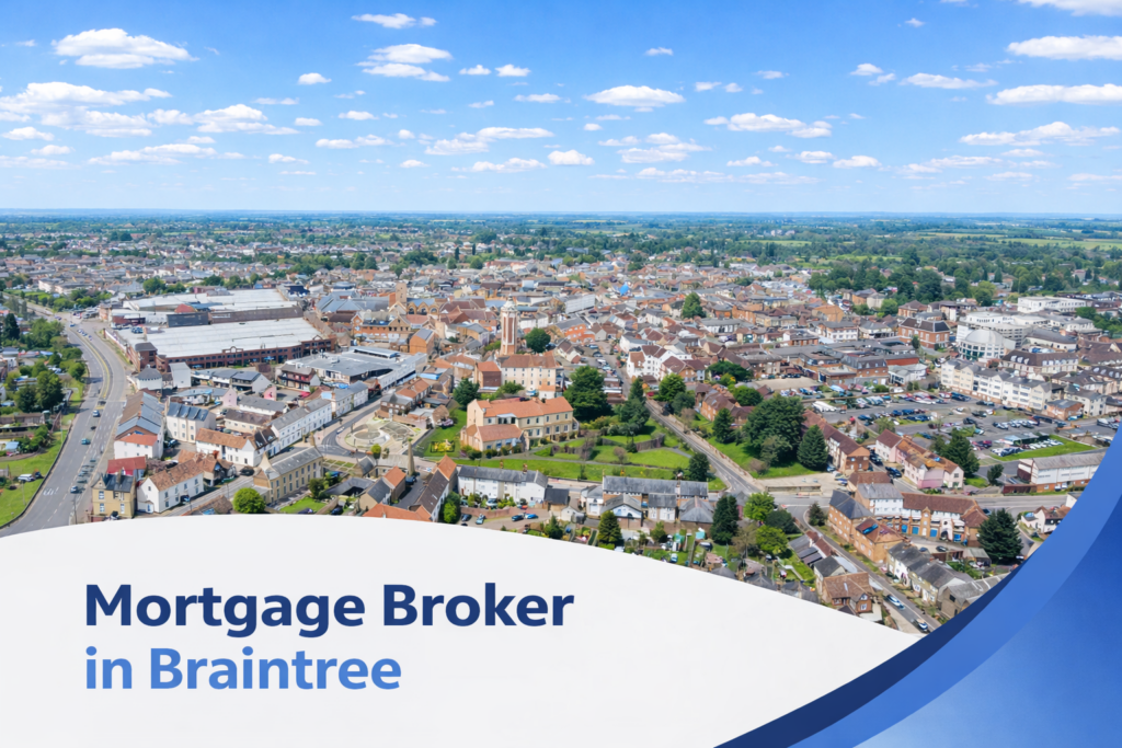 A bright summer aerial view of Braintree town centre showing a mix of red brick houses, shops, roads and green spaces surrounding a central church, with countryside visible in the distance under a blue sky with scattered clouds. A curved white and blue banner at the bottom displays the text “Mortgage Broker in Braintree”.