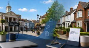 Mortgage Broker in Braintree: Braintree town centre and local homes with mortgage icons and house keys.