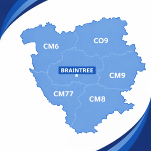 map of Braintree in blue tones, showing postcode areas CM6, CM7, CM77, CM8, CM9 and CO9. Each postcode district is outlined in darker blue with white internal borders and labelled in white text. The word “Braintree” appears prominently in the centre of the map within the CM7 area. The background features curved layered blue branding elements in the corners, with no surrounding towns or additional map details shown.