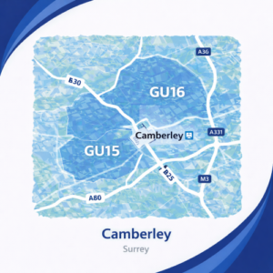 A square, blue-themed postcode map of Camberley in Surrey, styled with curved branded borders. The map highlights postcode areas GU15 and GU16. Major roads such as the A30, A331, A325, and M3 are labelled. Camberley town centre and station are marked near the middle. The design uses layered blue tones with white text and clean boundary lines for clarity.