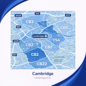A square, blue-themed postcode map of Cambridge in Cambridgeshire, styled with curved branded borders. The map highlights postcode areas including CB1, CB2, CB3, CB5, and CB22. Major roads such as the A14, A428, M11, and A1307 are labelled. Cambridge city centre is marked near the middle, with the River Cam running through the area. The design uses layered blue tones with white text and clean boundary lines for clarity.