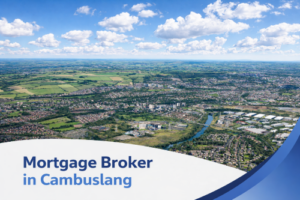 Promotional banner for a mortgage broker in Cambuslang, featuring a bright summer aerial view of the town with green fields, housing estates, a winding river, and realistic white clouds in a blue sky. A curved white panel overlays the bottom left, with bold blue text reading “Mortgage Broker in Cambuslang,” and layered blue swooshes decorate the lower right corner.