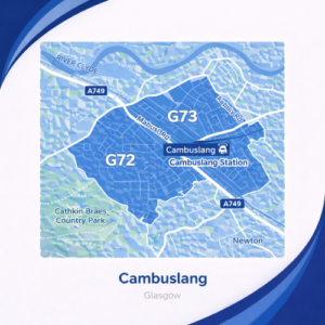 A square, blue-themed postcode map of Cambuslang in Glasgow, styled with curved branded borders. The map highlights postcode areas G72 and G73. Major roads such as the A724 and A749 are labelled. Cambuslang town centre and Cambuslang Station are marked near the middle, with the River Clyde running along the upper section and Cathkin Braes Country Park shown in green to the southwest. The design uses layered blue tones with white text and clean boundary lines for clarity.