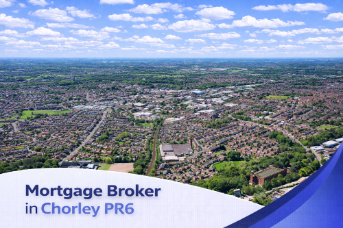 Mortgage broker in Chorley PR6 promotional banner featuring a bright summer aerial view of a suburban town with residential streets, green fields, and a railway line under a clear blue sky with realistic scattered clouds, enhanced by a modern curved blue and white graphic overlay with bold title text.
