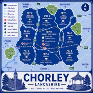 A square, blue-themed postcode map of Chorley in Lancashire, styled with curved branded borders. The map highlights postcode areas PR6 and PR7, including subdivisions such as PR6 0 (Eccleston), PR7 0 (Chorley town centre), PR7 1 (Chorley North), PR7 2 (Wheelton), PR7 3 (Heath Charnock Richard), PR7 4 (Euxton), PR7 5 (Buckshaw Village), PR7 6 (Heapey), and PR6 7 (Croston). Major roads such as the M61, A6, A581, A674, and B5251 are labelled. Chorley town centre is marked near the middle, with Chorley Station and Buckshaw Parkway Station indicated. Key landmarks such as Market Walk Shopping Centre, Chorley Town Hall, and local schools are shown. Nearby areas including Leyland, Adlington, Standish, Bolton, and Blackburn are labelled. Green spaces such as Astley Hall Park, Yarrow Valley Country Park, and Cuerden Valley Park are shown in green, with the River Yarrow running through the area. The design uses layered blue tones with white text and clean boundary lines for clarity.