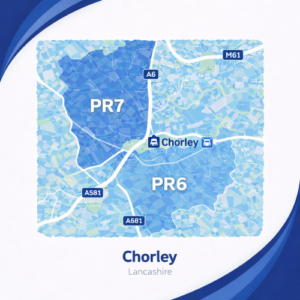 A square, blue-themed postcode map of Chorley in Lancashire, styled with curved branded borders. The map highlights postcode areas PR7 and PR6. Major roads such as the A6, A581, and M61 are labelled. Chorley town centre and station are marked near the middle. The design uses layered blue tones with white text and clean boundary lines for clarity.