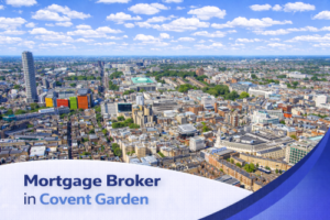 Mortgage broker in Covent Garden WC2E promotional banner featuring a bright summer aerial view of central London with dense historic and modern buildings under a vivid blue sky with realistic scattered clouds, paired with a clean curved blue and white graphic overlay and bold title text.