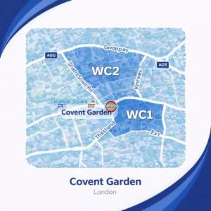 A square, blue-themed postcode map of Covent Garden in London, styled with curved branded borders. The map highlights postcode areas WC1 and WC2. Major roads such as Shaftesbury Avenue, The Strand, and Kingsway are labelled. Covent Garden Underground station is marked near the centre, with Leicester Square shown nearby. The design uses layered blue tones with white text and clean boundary lines for clarity.