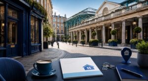 Mortgage Broker in Covent Garden WC2E with a stylish market streetscape, blue property brochure, house keys and location icon.