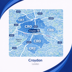 A square, blue-themed postcode map of Croydon in London, styled with curved branded borders. The map highlights postcode areas including CR0, CR2, CR6, and CR7. Major roads such as the A23, A212, A232, and A22 are labelled. Croydon town centre and East Croydon station are marked near the middle, with Beacon Park shown in green to the west. The design uses layered blue tones with white text and clean boundary lines for clarity.