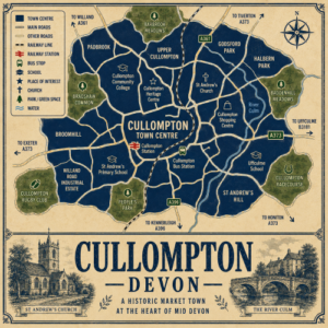 Vintage illustrated map poster of Cullompton, Devon, with a cream parchment background and dark navy neighbourhood areas centred on Cullompton Town Centre. The map shows labelled roads, railway line, Cullompton Station, bus station, schools, churches, parks, green spaces and the River Culm. Surrounding areas include Padbrook, Upper Cullompton, Godsfard Park, Halbern Park, Broomhill, Willand Road Industrial Estate, St Andrew’s Hill and Bradshaw Common. Key landmarks include St Andrew’s Church, Cullompton Heritage Centre, Cullompton Community College, St Andrew’s Primary School, Uffculme School, People’s Park, Barbrook Meadows, Baddehill Meadows, Cullompton Rugby Club and Cullompton Racecourse. A decorative lower panel reads “CULLOMPTON, DEVON” with engraved-style illustrations of St Andrew’s Church and the River Culm, plus the subtitle “A historic market town at the heart of Mid Devon.”