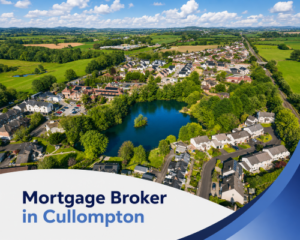 Bright summer aerial view of Cullompton with homes, trees, countryside and a lake, with branded blue and white graphics reading “Mortgage Broker in Cullompton”.