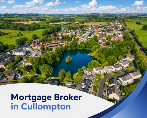 Bright summer aerial view of Cullompton with homes, trees, countryside and a lake, with branded blue and white graphics reading “Mortgage Broker in Cullompton”.