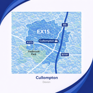 A square, blue-themed postcode map of Cullompton in Devon, styled with curved branded borders. The map highlights postcode area EX15. Major roads such as the M5, A373, and B3181 are labelled. Cullompton town centre is marked near the middle, with Padbrook Park shown in green to the southwest. The design uses layered blue tones with white text and clean boundary lines for clarity.