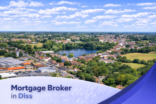 A bright, summery aerial view of Diss featuring a central lake surrounded by trees, residential streets, and local buildings, with enhanced natural sunlight and vibrant greenery. The scene is styled as a clean promotional banner, with a soft white and blue curved overlay at the bottom displaying the text “Mortgage Broker in Diss” in bold blue lettering, set beneath a clear sky with realistic, fluffy clouds.
