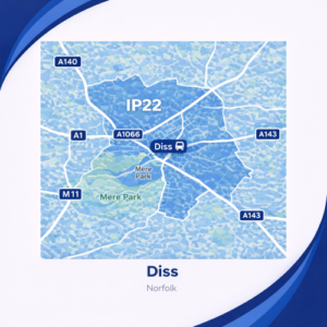 A square, blue-themed postcode map of Diss in Norfolk, styled with curved branded borders. The map highlights postcode area IP22. Major roads such as the A140, A143, and A1066 are labelled. Diss town centre and station are marked near the middle, with Mere Park shown in green to the southwest. The design uses layered blue tones with white text and clean boundary lines for clarity.