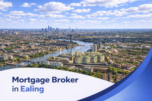 Mortgage broker in Ealing promotional banner featuring a bright summer aerial view of the River Thames, surrounding residential areas, green parks, and the London skyline under realistic scattered clouds, with a curved blue and white graphic overlay at the bottom.
