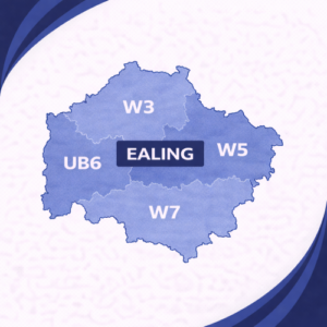 map in layered navy and light blue tones showing Ealing in London with postcode areas W3, W5, W7 and UB6. Each postcode district is separated by white internal boundaries and outlined with a darker navy outer edge, labelled in white text. The word “Ealing” appears prominently across the centre within a dark blue banner. The background features curved navy and blue branding elements in the corners, with no surrounding areas or additional geographic detail shown.