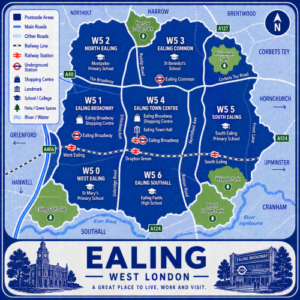 A square, blue-themed postcode map of Ealing in West London, styled with curved branded borders. The map highlights postcode areas W5 and parts of W3, including subdivisions such as W5 0, W5 1, W5 2, W5 3, W5 4, W5 5, and W5 6. Major roads such as the A40, A406, A4020, and A3005 are labelled, along with key routes like The Broadway, Uxbridge Road, and Northfield Avenue. Ealing town centre (W5 4) is marked near the middle, with Ealing Broadway, South Ealing, West Ealing, and Ealing Common stations indicated. Key landmarks such as Ealing Broadway Shopping Centre, Ealing Town Hall, and local schools are shown. Nearby areas including Acton, Greenford, Hanwell, Southall, and Brentford are labelled. Green spaces such as Walpole Park, Lammas Park, Ealing Common, Brent Lodge Park, and Ealing Golf Club are shown in green, with the River Brent running nearby. The design uses layered blue tones with white text and clean boundary lines for clarity.