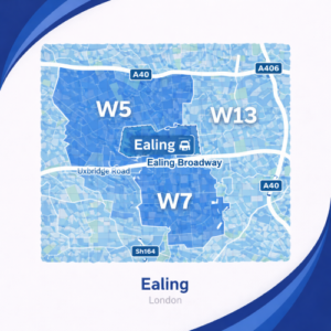 A square, blue-themed postcode map of Ealing in London, styled with curved branded borders. The map highlights postcode areas including W5, W13, and W7. Major roads such as the A40, A406, and Uxbridge Road are labelled. Ealing town centre and station are marked near the middle. The design uses layered blue tones with white text and clean boundary lines for clarity.