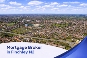 Bright, high-resolution aerial view of Finchley N2 on a clear summer day, showing residential streets, green spaces, and surrounding countryside under a blue sky with realistic scattered clouds, with a clean promotional banner at the bottom displaying the text “Mortgage Broker in Finchley N2”.
