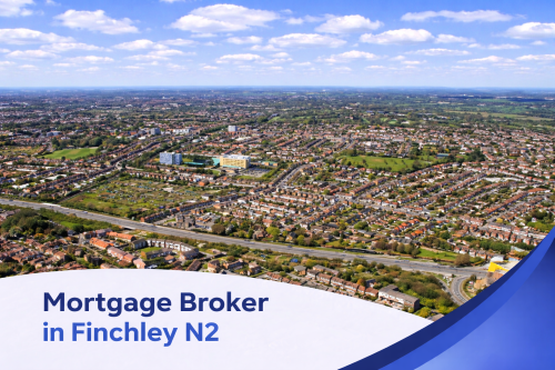 Bright, high-resolution aerial view of Finchley N2 on a clear summer day, showing residential streets, green spaces, and surrounding countryside under a blue sky with realistic scattered clouds, with a clean promotional banner at the bottom displaying the text “Mortgage Broker in Finchley N2”.