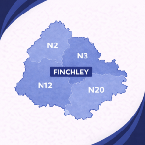 map in layered navy and light blue tones showing Finchley in London with postcode areas N2, N3, N12 and N20. Each postcode district is separated by white internal boundaries and outlined with a darker navy outer edge, labelled in white text. The word “Finchley” appears prominently across the centre within a dark blue banner. The background features curved navy and blue branding elements in the corners, with no surrounding areas or additional geographic detail shown.