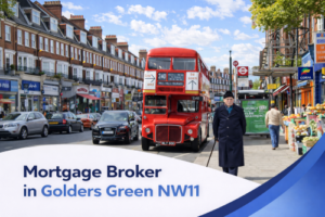 Mortgage broker in Golders Green NW11 promotional banner featuring a bright summer street scene with traditional shopfronts, a red London bus, pedestrians, and realistic clouds in a blue sky, with a curved blue and white graphic overlay at the bottom.