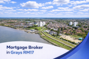 Mortgage broker in Grays RM17 promotional banner featuring a bright summer aerial view of riverside housing, green open spaces, and residential areas under a clear blue sky with realistic scattered clouds, finished with a modern curved blue and white graphic overlay at the bottom.