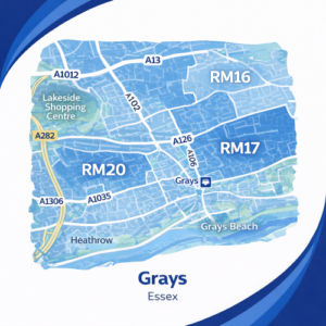 A square, blue-themed postcode map of Grays in Essex, styled with curved branded borders. The map highlights postcode areas RM16, RM17, and RM20. Major roads such as the A13, A126, A1012, and A282 are labelled. Grays town centre and station are marked near the middle, with Lakeside Shopping Centre shown to the west and Grays Beach along the River Thames to the south. The design uses layered blue tones with white text and clean boundary lines for clarity.