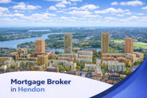 Mortgage broker in Hendon promotional banner featuring a bright summer aerial view of modern residential buildings, surrounding greenery, and nearby waterways under a clear blue sky with realistic scattered clouds, complemented by a clean curved blue and white graphic overlay with the title text.