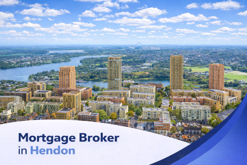 Mortgage broker in Hendon promotional banner featuring a bright summer aerial view of modern residential buildings, surrounding greenery, and nearby waterways under a clear blue sky with realistic scattered clouds, complemented by a clean curved blue and white graphic overlay with the title text.